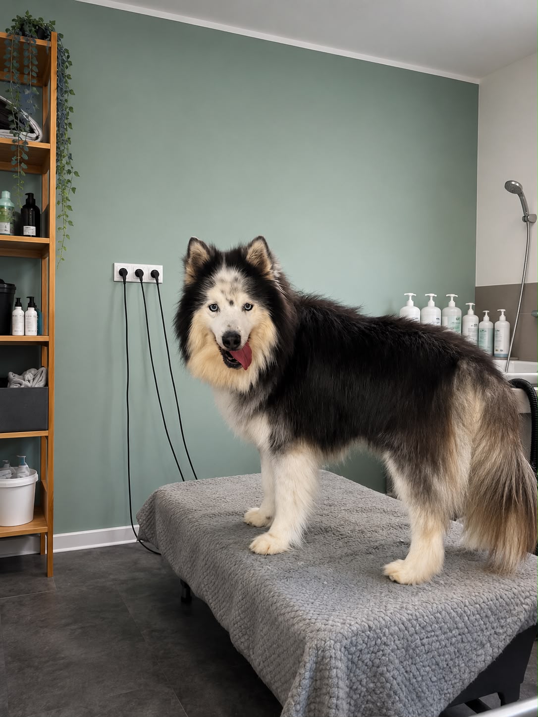Großer Hund bei der Fellpflege auf dem Behandlungstisch im Hundesalon Zaneta Senske